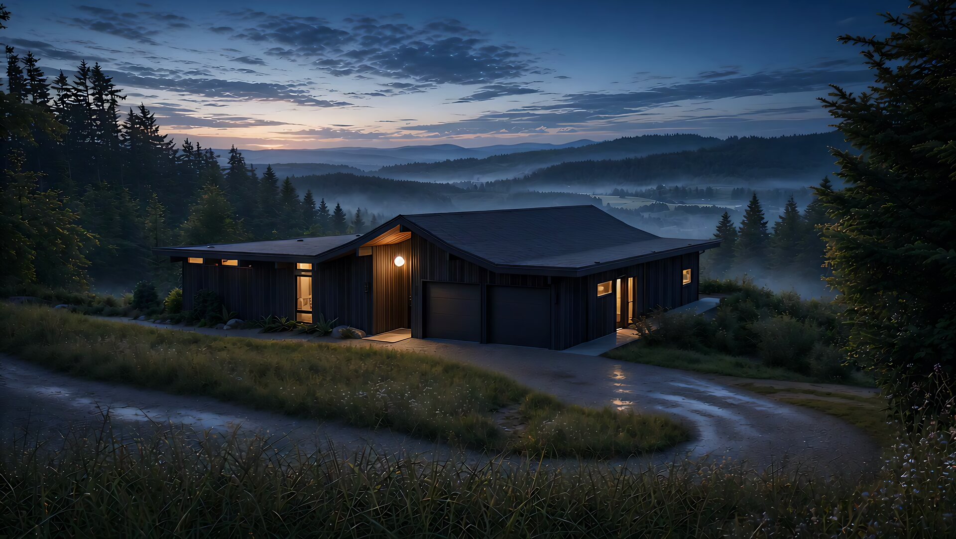 A Rummer home seen wide from the meadow at dusk, lit from within, forested hills behind.