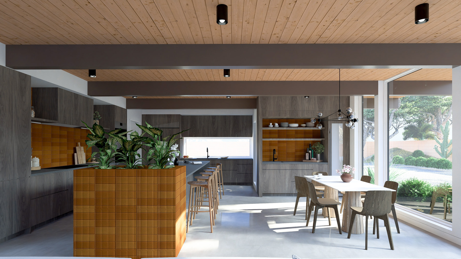 Warm mid-century modern kitchen with open sightlines, natural light, and single-level living
